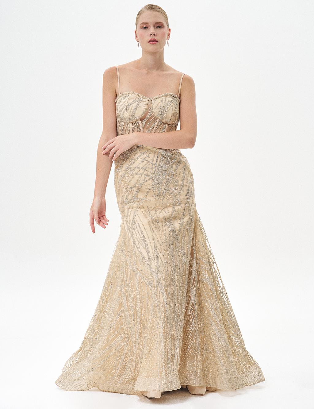 Thin Strapped Fish Shape Evening Dress Gold