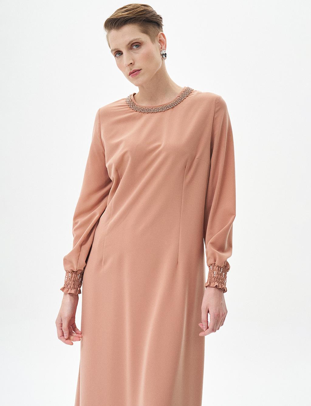 Pearl Embroidered Crew Neck Dress Mushroom