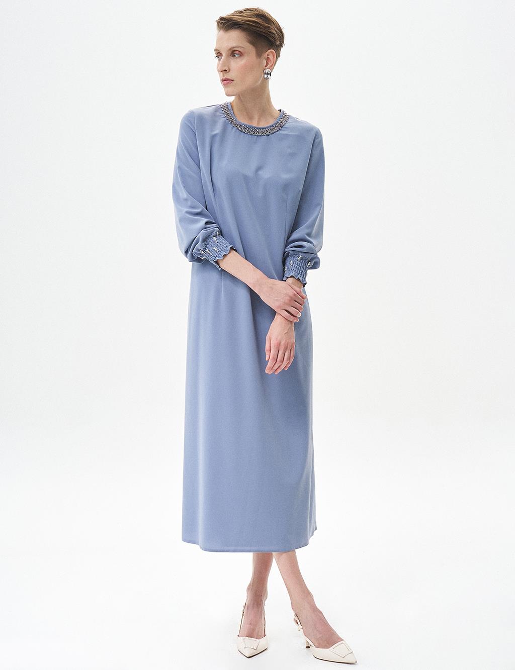 Pearl Embroidered Crew Neck Dress Aviator Blue