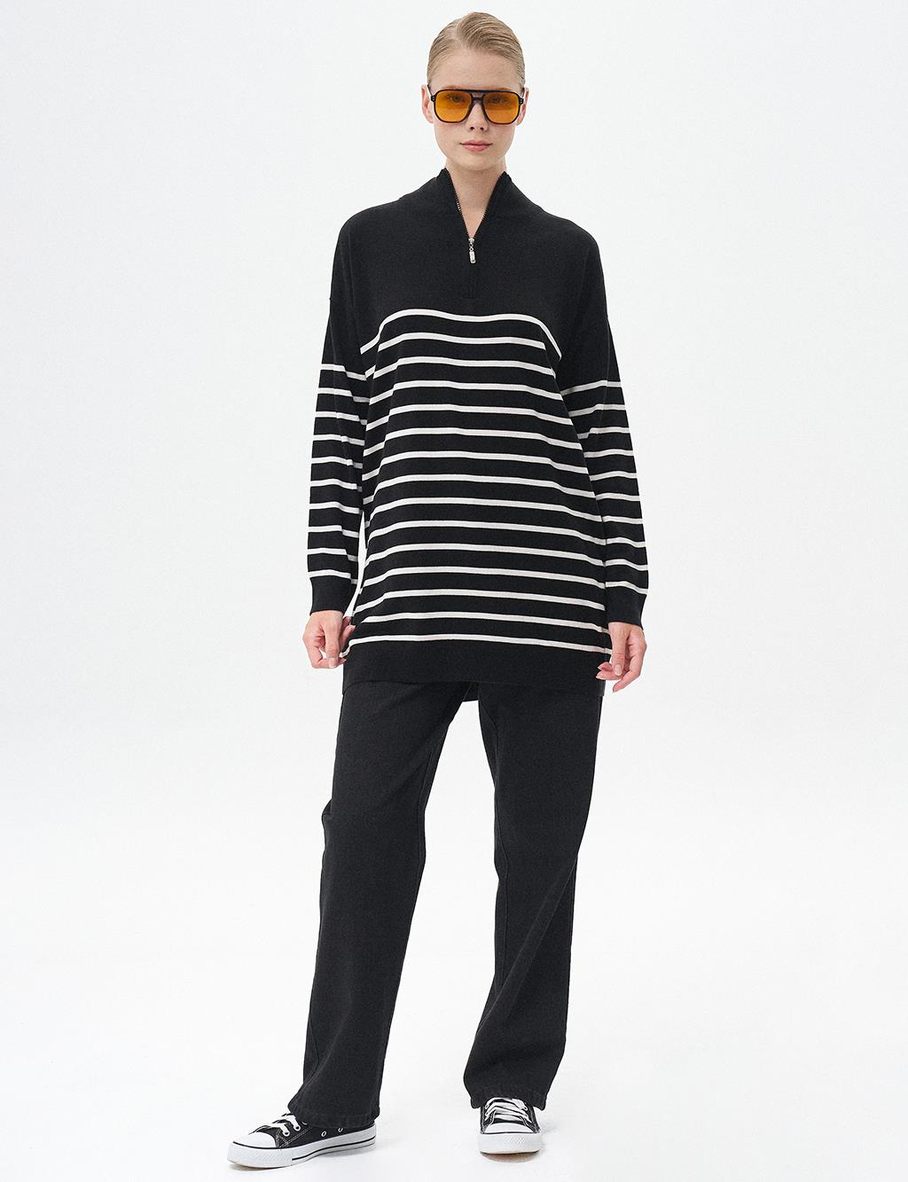 Line Patterned Knitwear Tunic Black-Optic White