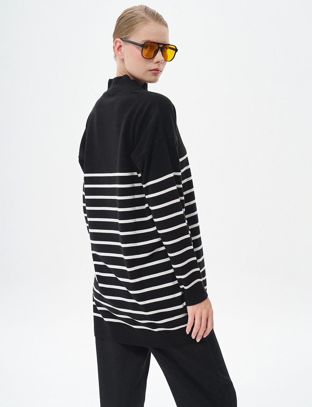 Line Patterned Knitwear Tunic Black-Optic White