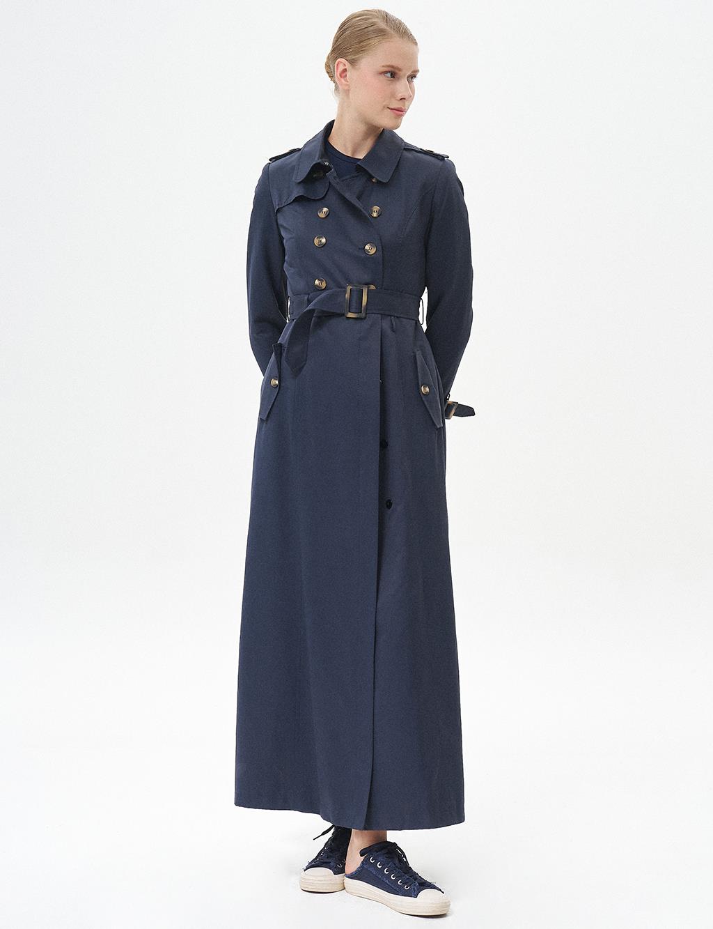 Bone Buttoned Double Breasted Overcoat Dark Navy Blue