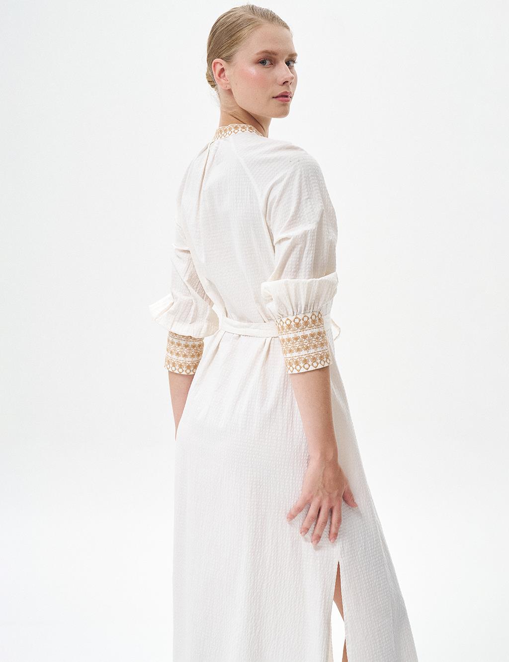 Embroidered Detailed Embossed Tunic Ecru