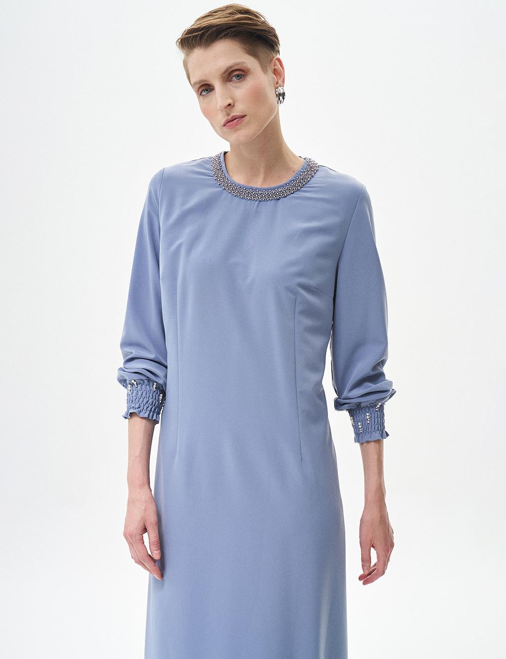 Pearl Embroidered Crew Neck Dress Aviator Blue