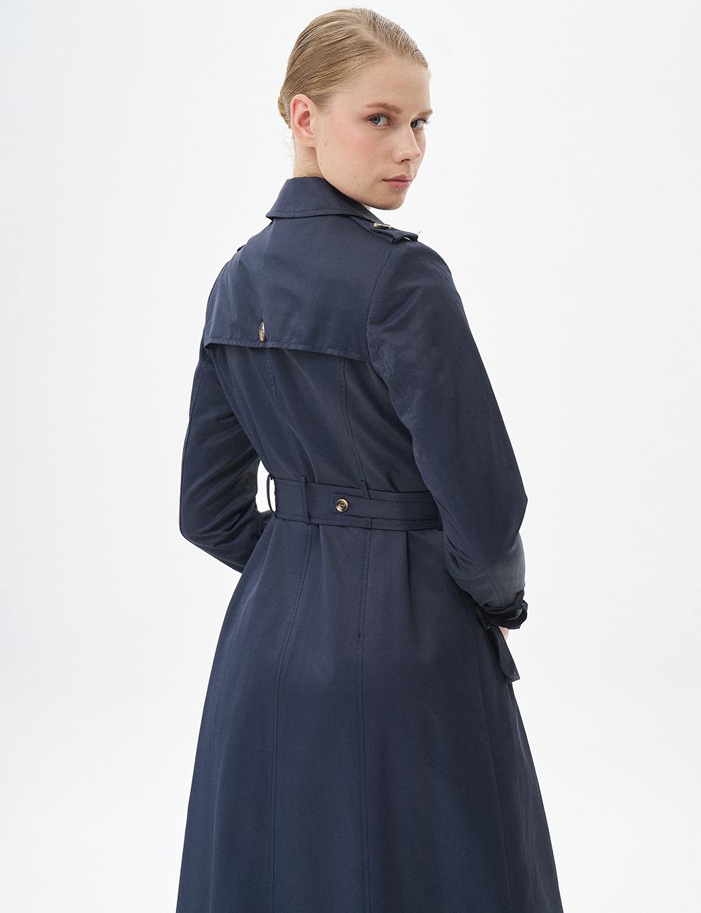 Bone Buttoned Double Breasted Overcoat Dark Navy Blue