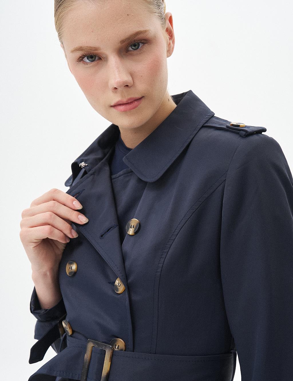 Bone Buttoned Double Breasted Overcoat Dark Navy Blue