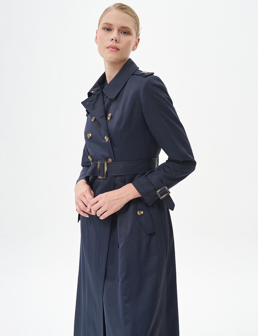 Bone Buttoned Double Breasted Overcoat Dark Navy Blue