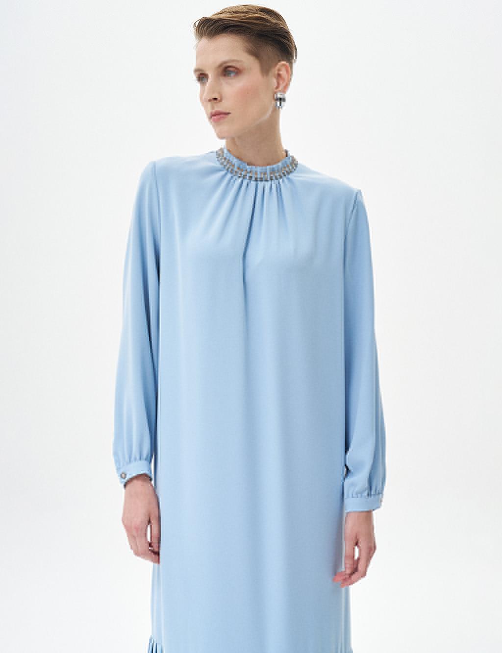 Stone Embroidered Pleated Dress Ice Blue