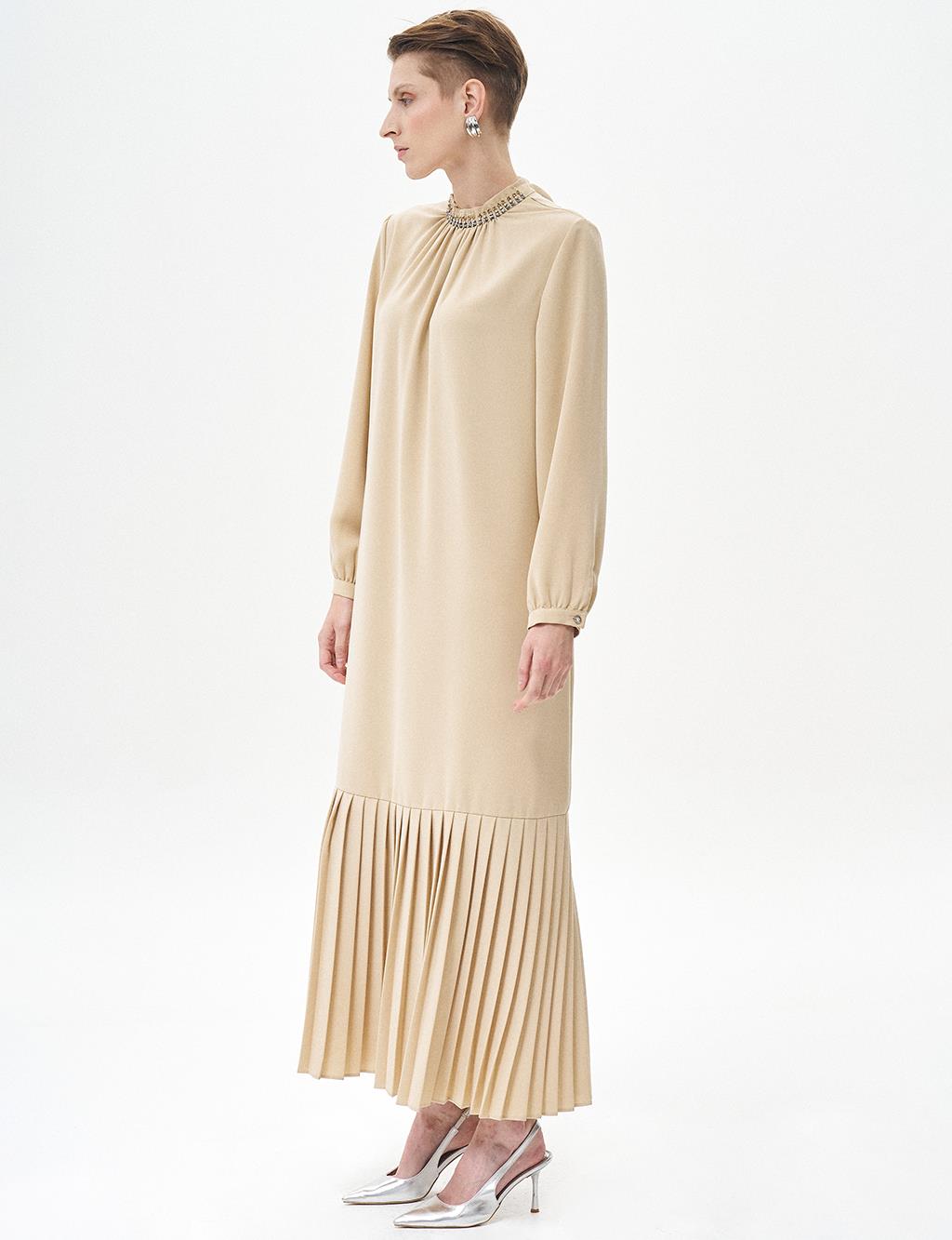 Stone Embroidered Pleated Dress Beige