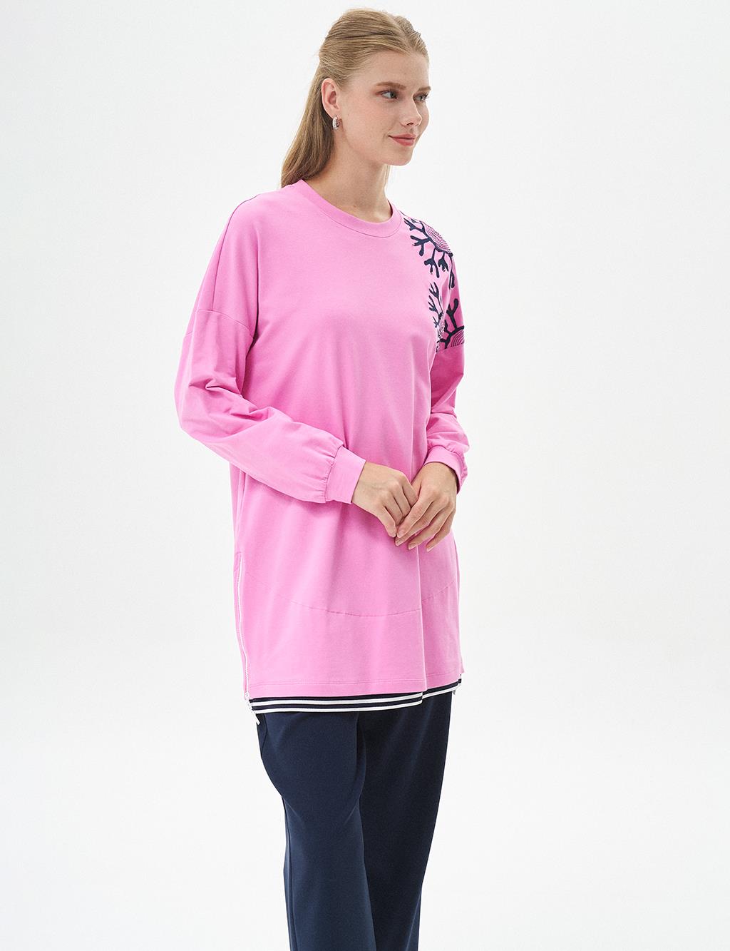 Ribanalı Yarım Fermuar Kapamalı Sweatshirt Şeker Pembe