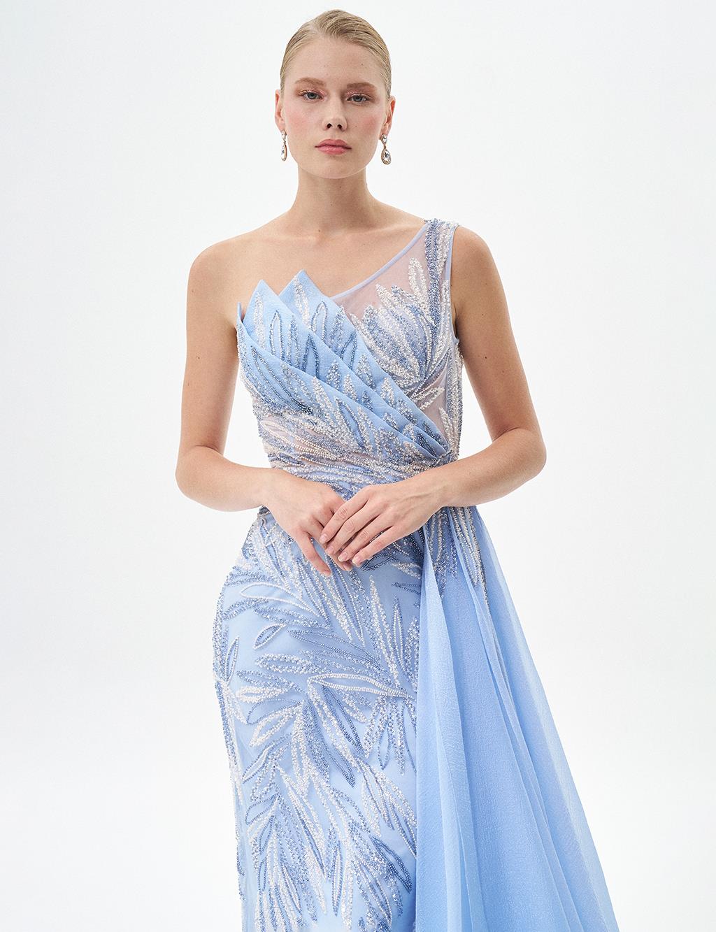 One Shoulder Evening Dress with Tulle Detail Blue