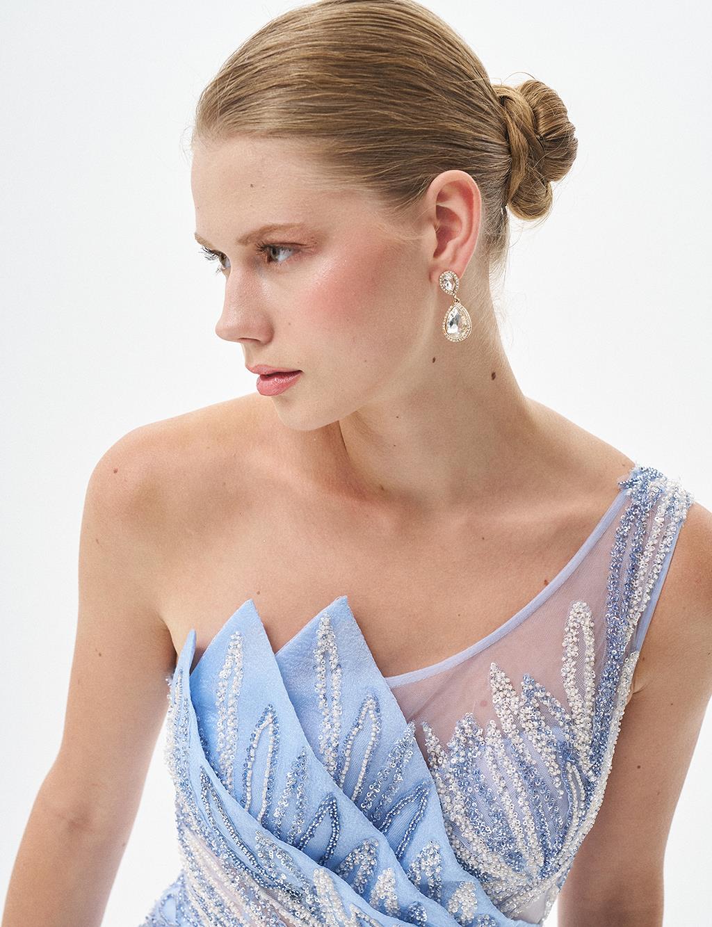 One Shoulder Evening Dress with Tulle Detail Blue