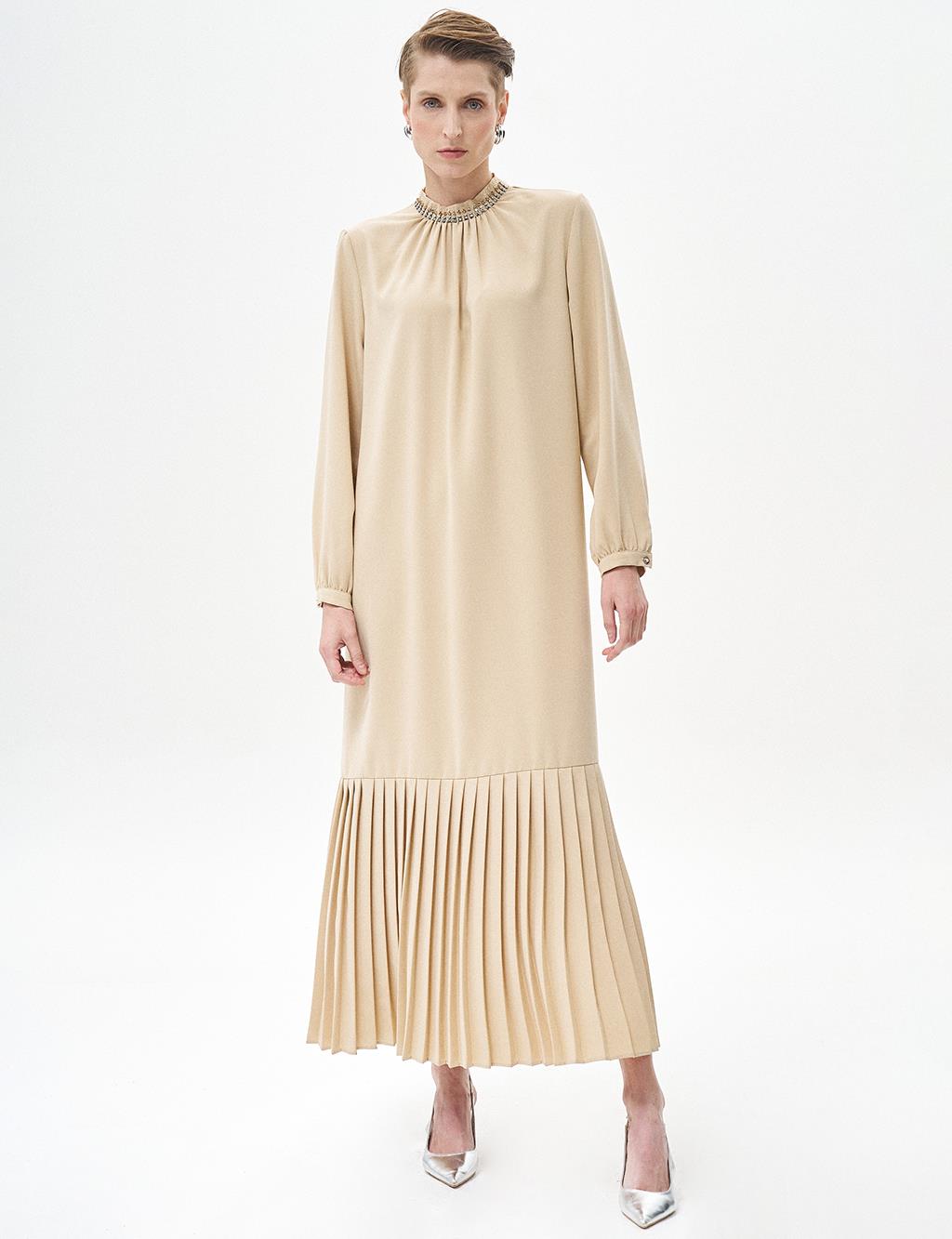 Stone Embroidered Pleated Dress Beige