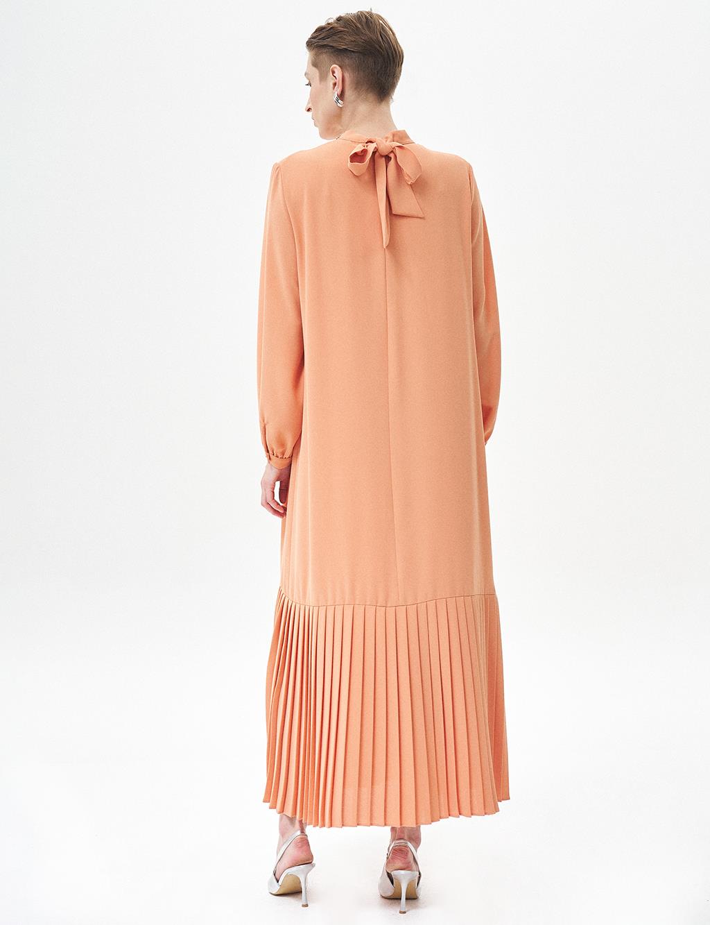 Stone Embroidered Pleated Dress Peach