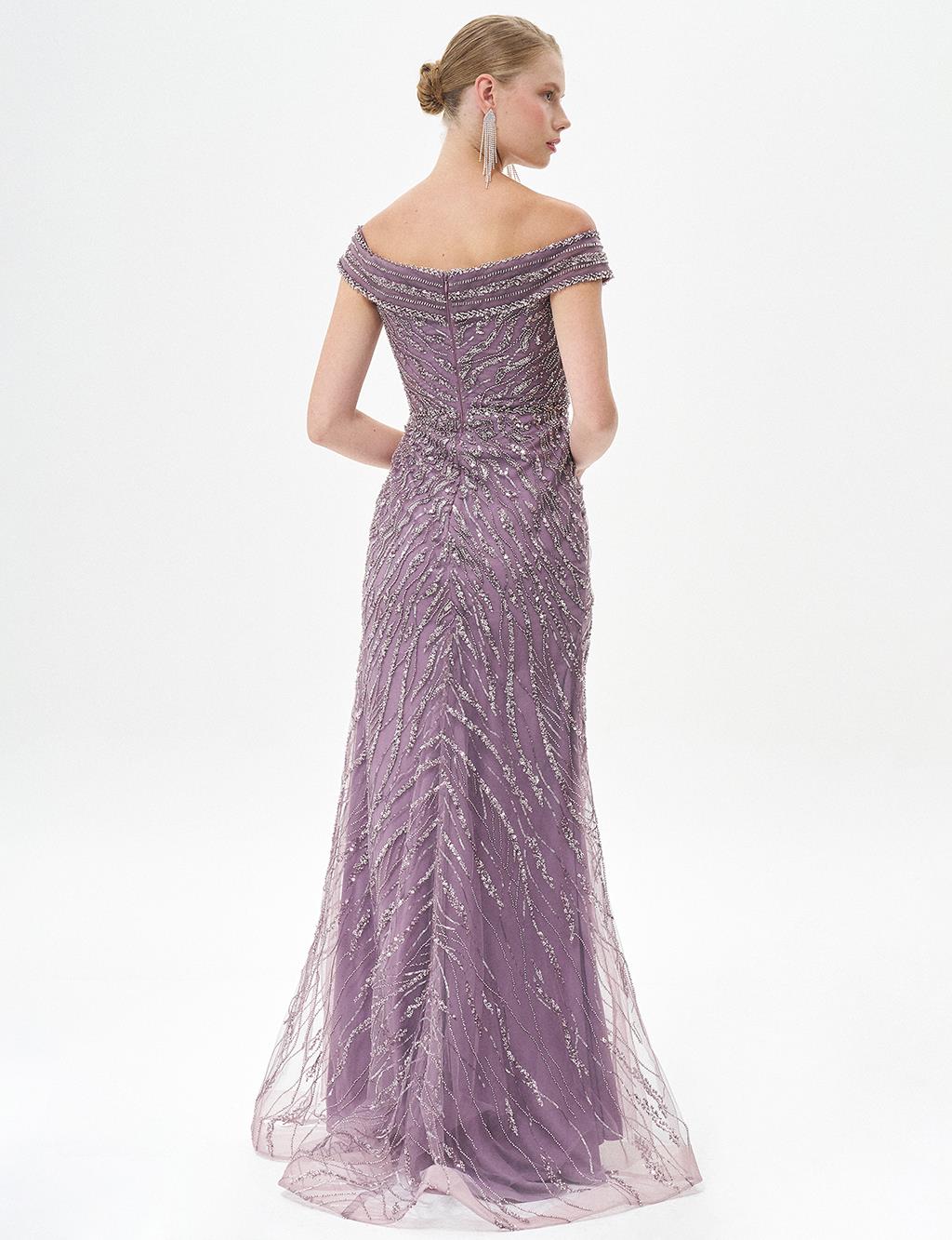 Deep Slit Boat Neck Evening Dress Lavender