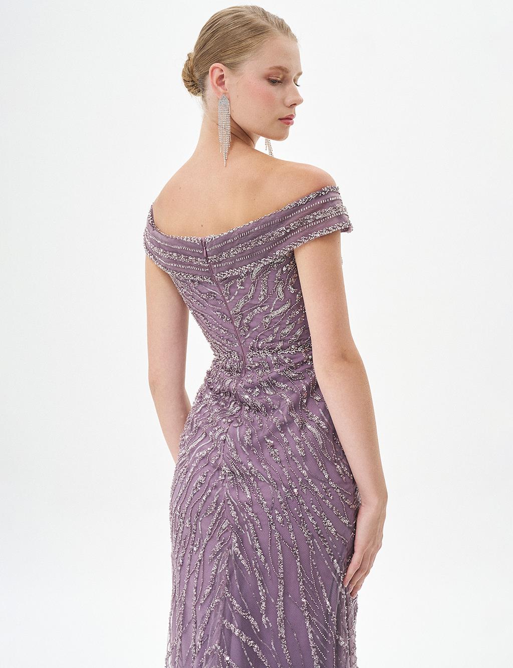 Deep Slit Boat Neck Evening Dress Lavender