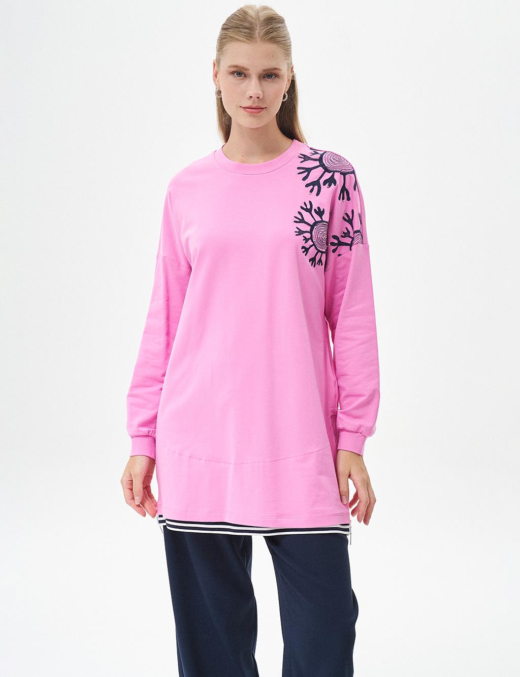 Ribanalı Yarım Fermuar Kapamalı Sweatshirt Şeker Pembe