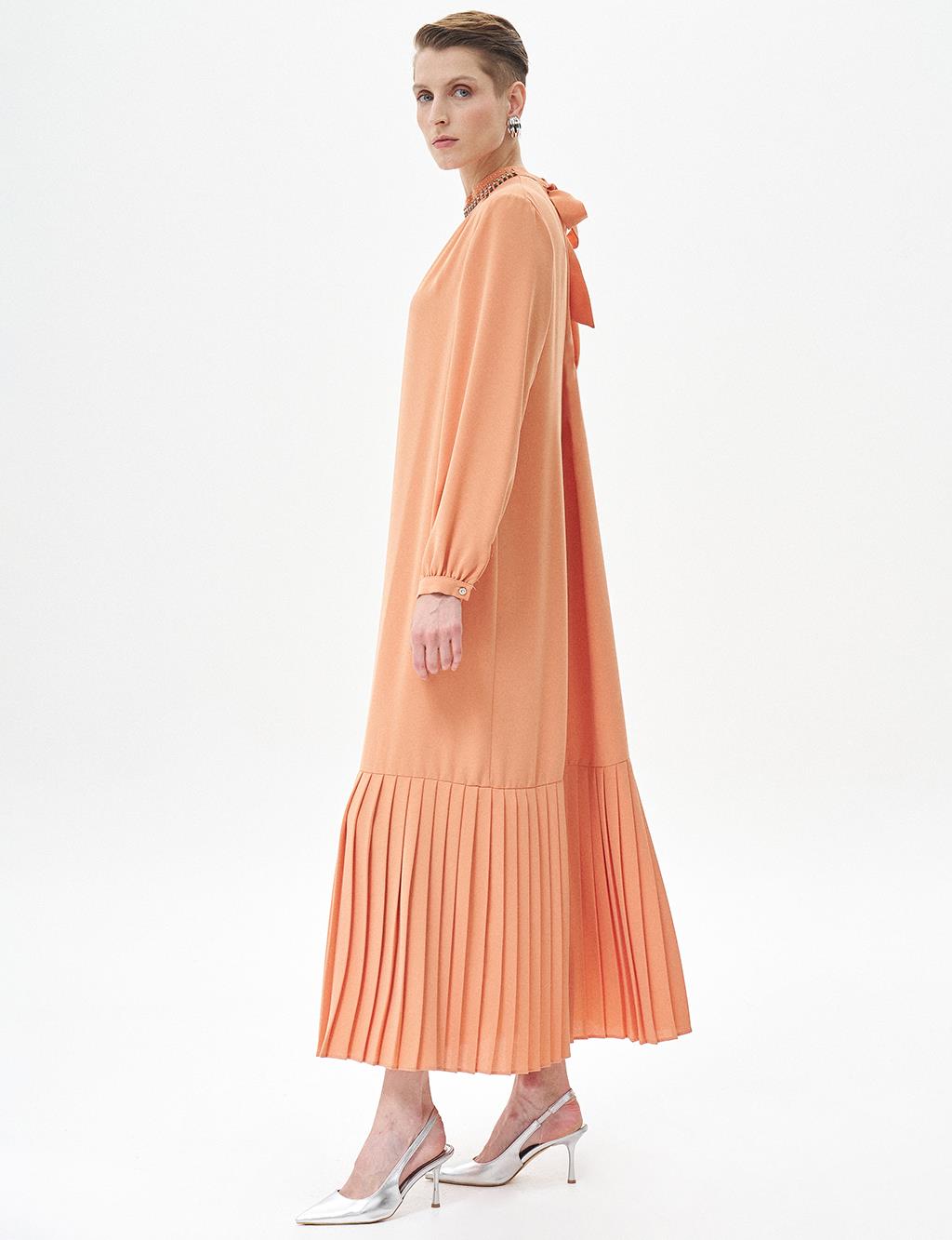 Stone Embroidered Pleated Dress Peach