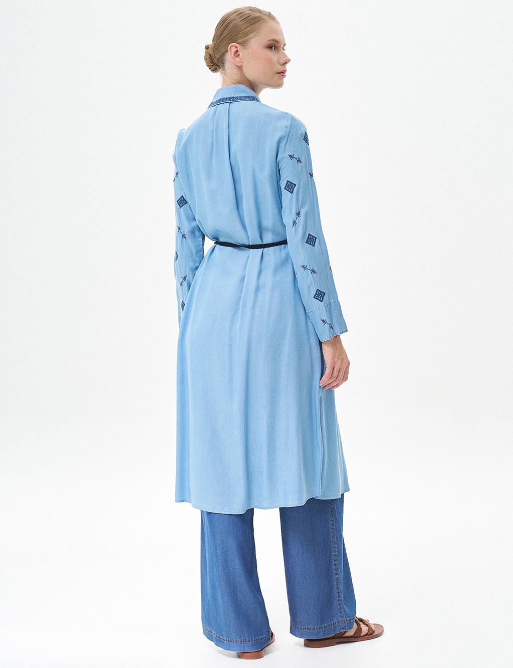 Embroidered Sleeves Detailed Lyocell Long Tunic Ice Blue