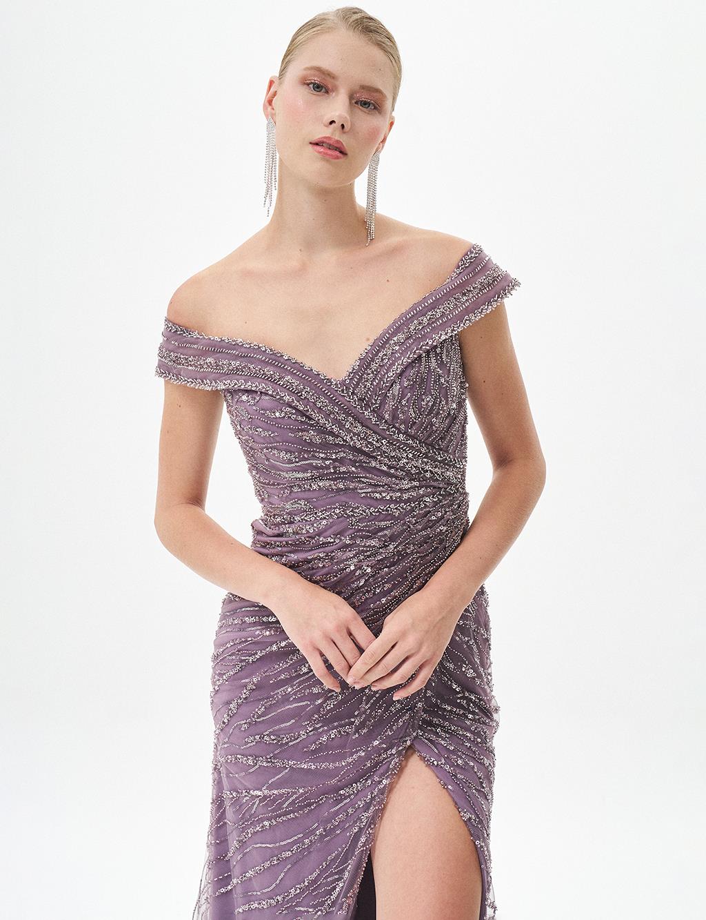 Deep Slit Boat Neck Evening Dress Lavender