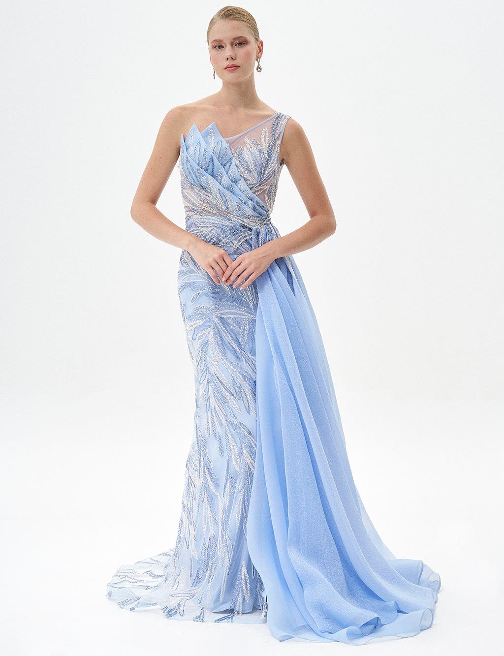 One Shoulder Evening Dress with Tulle Detail Blue