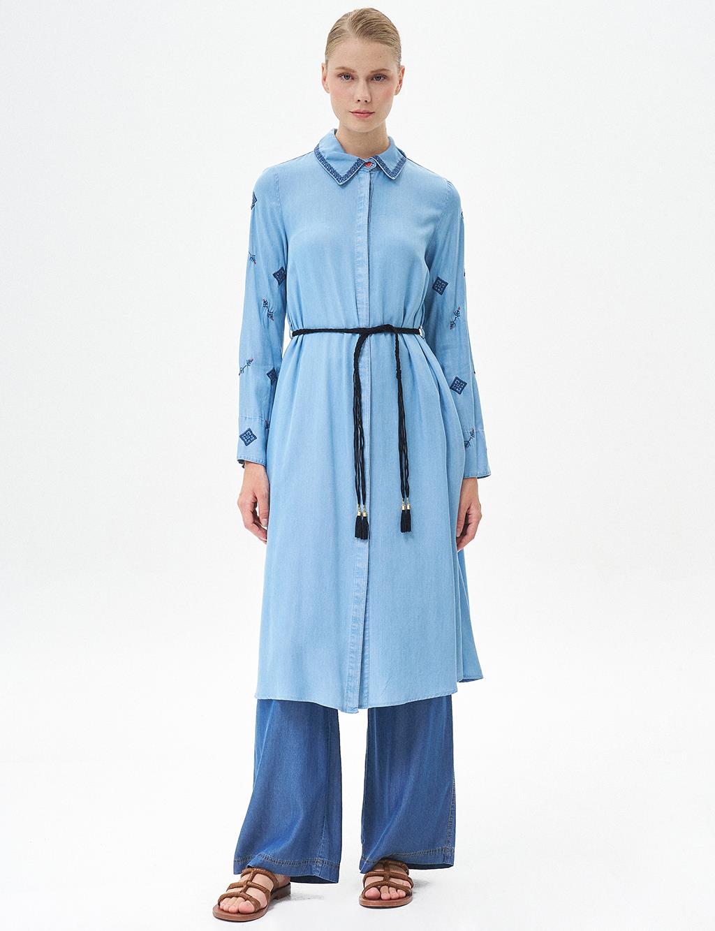 Embroidered Sleeves Detailed Lyocell Long Tunic Ice Blue