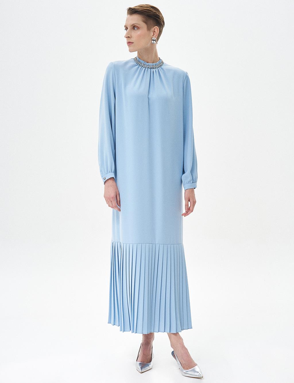 Stone Embroidered Pleated Dress Ice Blue