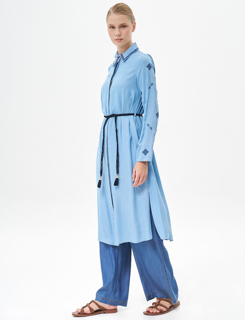 Embroidered Sleeves Detailed Lyocell Long Tunic Ice Blue