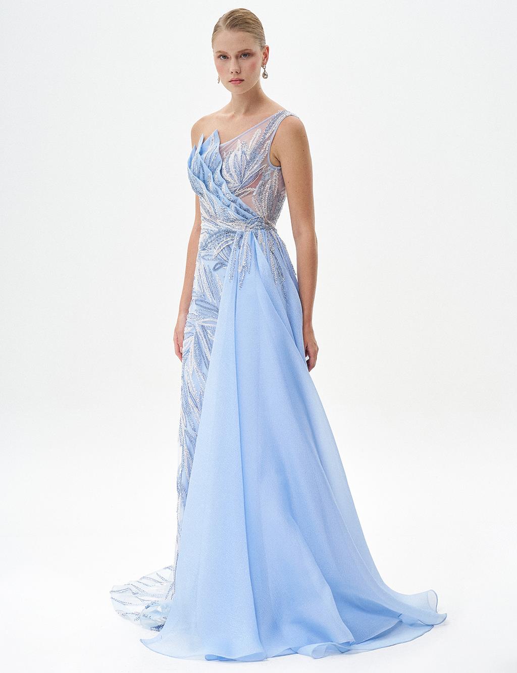 One Shoulder Evening Dress with Tulle Detail Blue