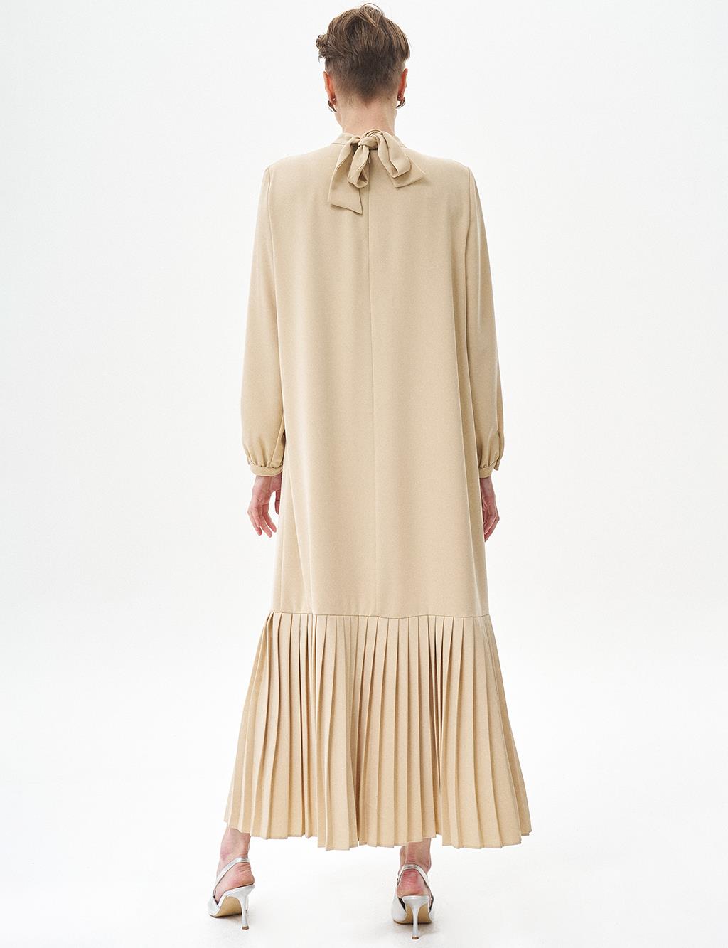 Stone Embroidered Pleated Dress Beige