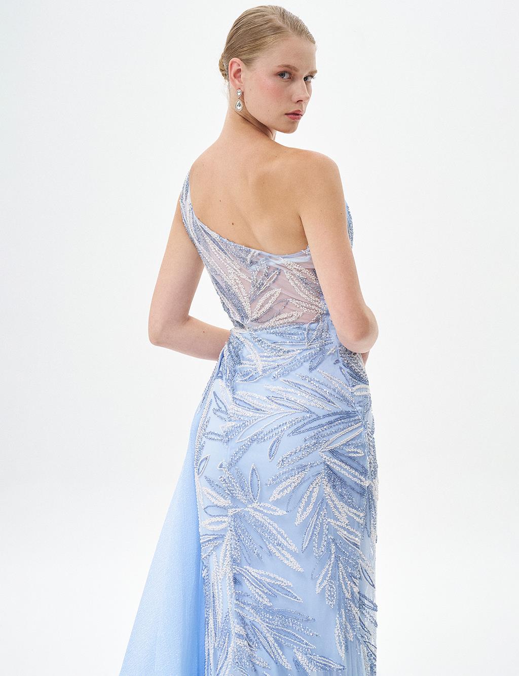 One Shoulder Evening Dress with Tulle Detail Blue