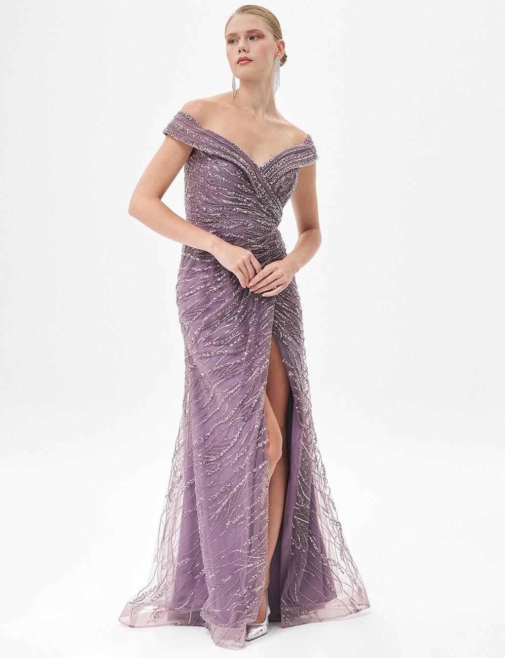 Deep Slit Boat Neck Evening Dress Lavender