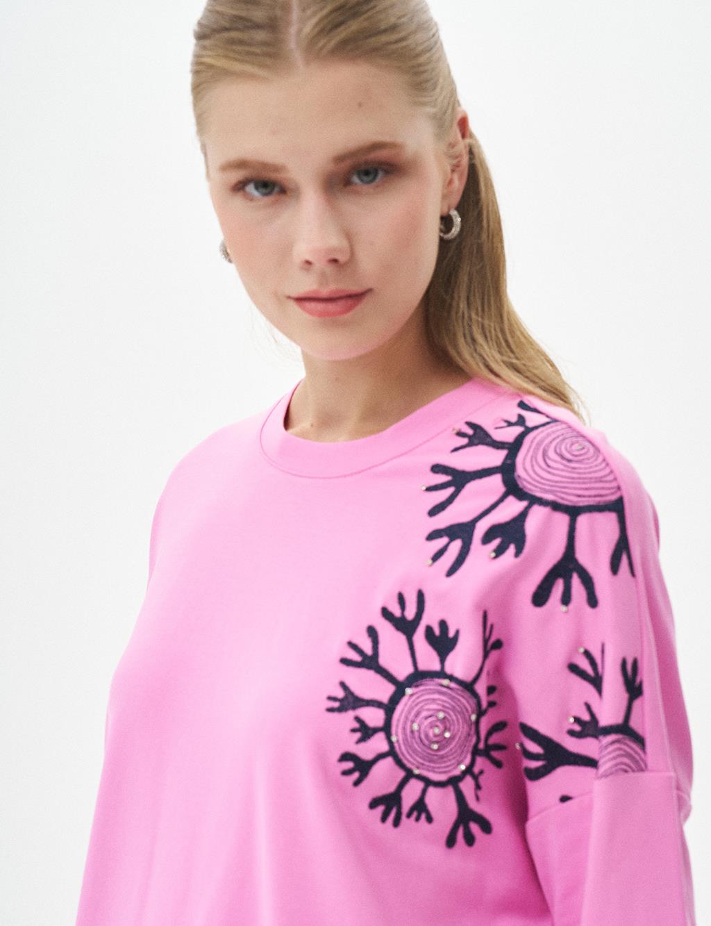 Ribanalı Yarım Fermuar Kapamalı Sweatshirt Şeker Pembe