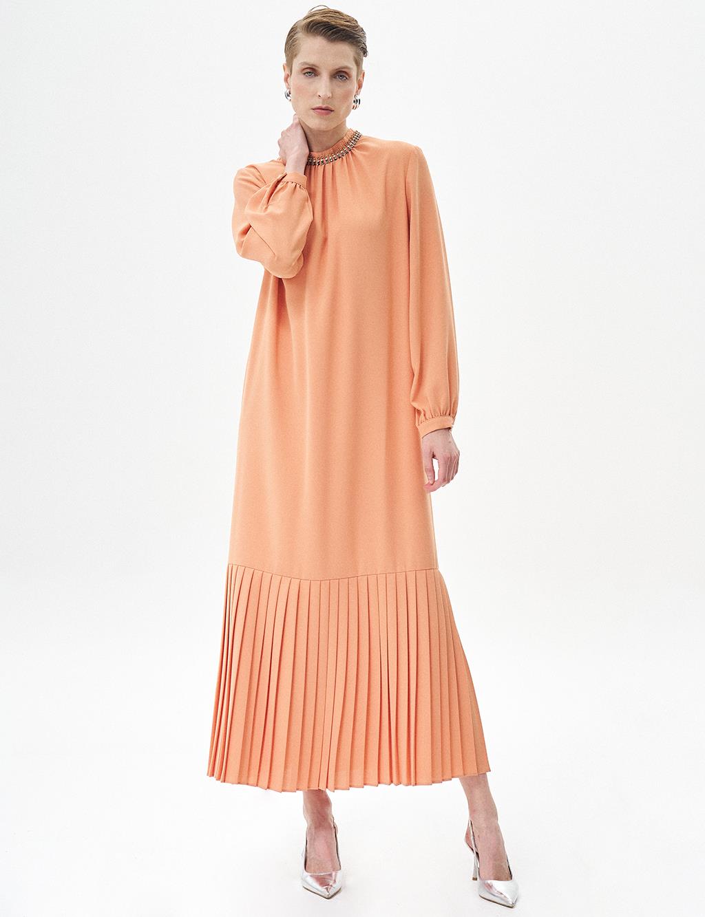 Stone Embroidered Pleated Dress Peach