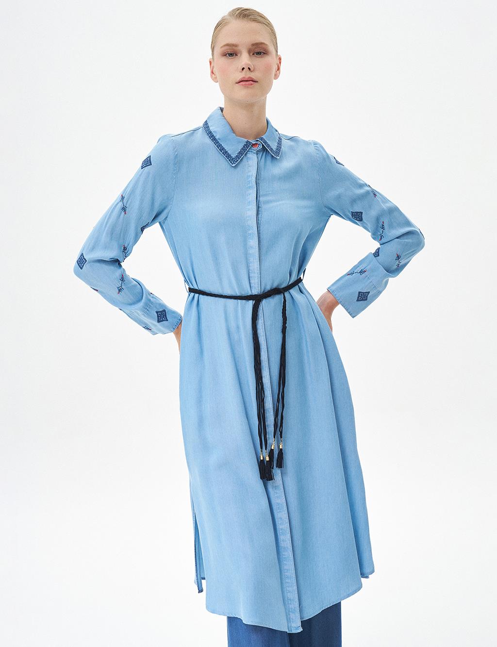 Embroidered Sleeves Detailed Lyocell Long Tunic Ice Blue