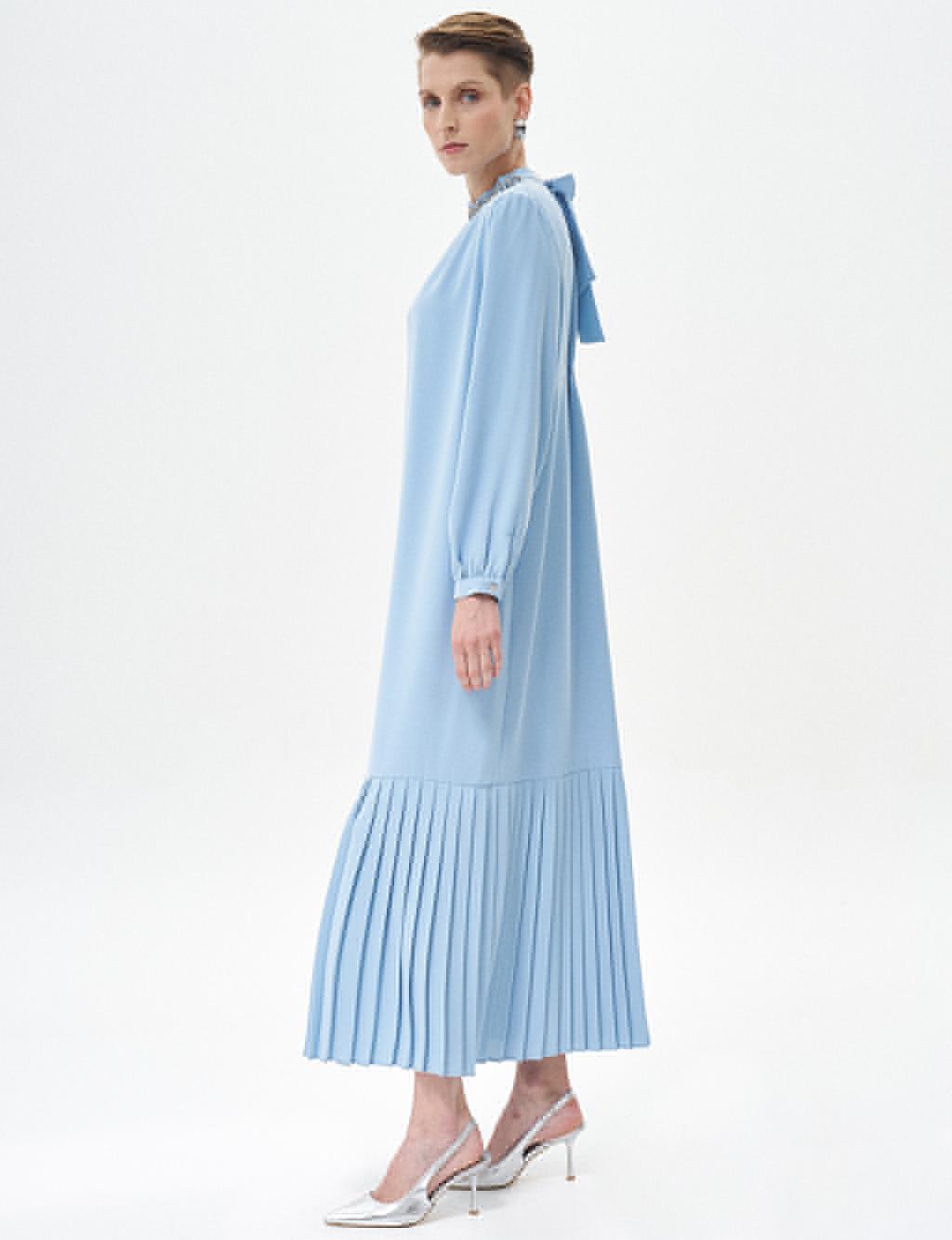 Stone Embroidered Pleated Dress Ice Blue