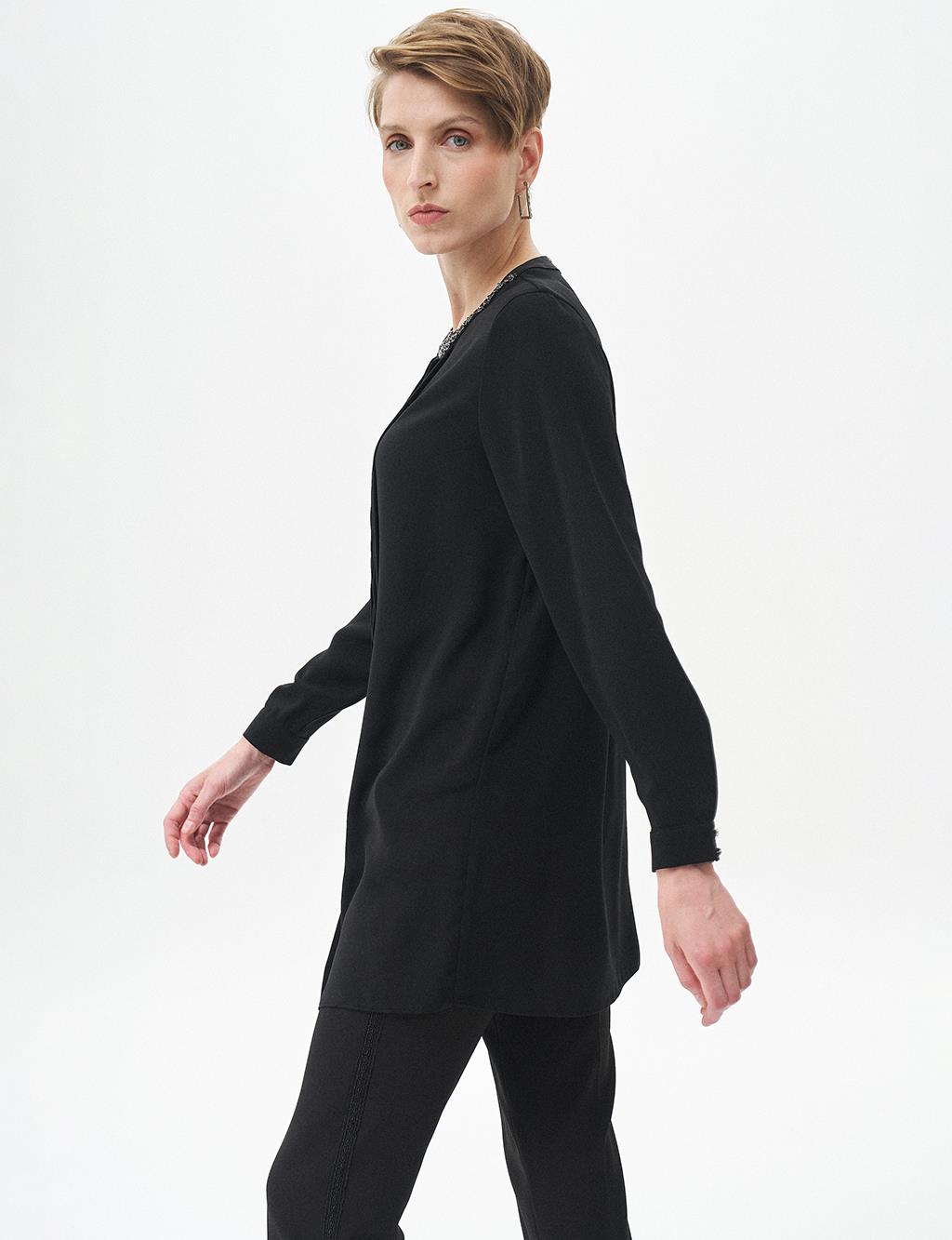 Nervure Detail Mandarin Collar Tunic Black