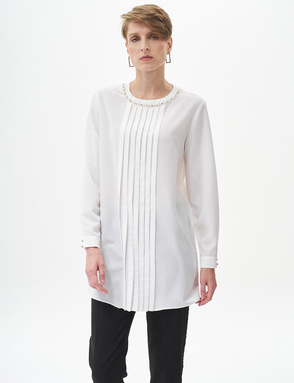 Nervure Detail Mandarin Collar Tunic Ecru