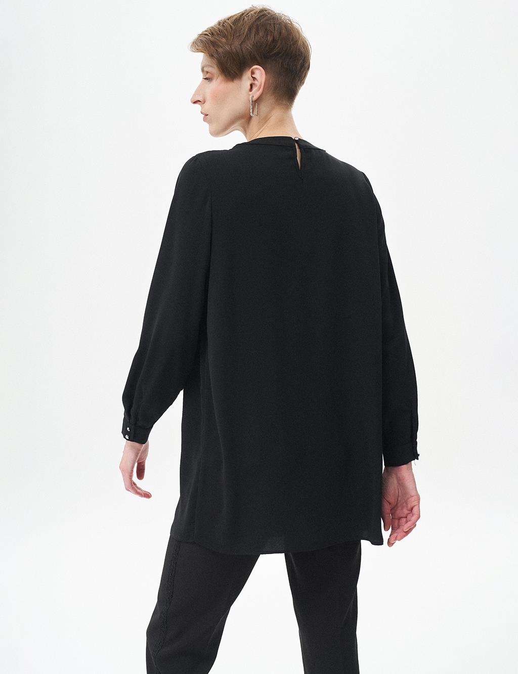 Nervure Detail Mandarin Collar Tunic Black