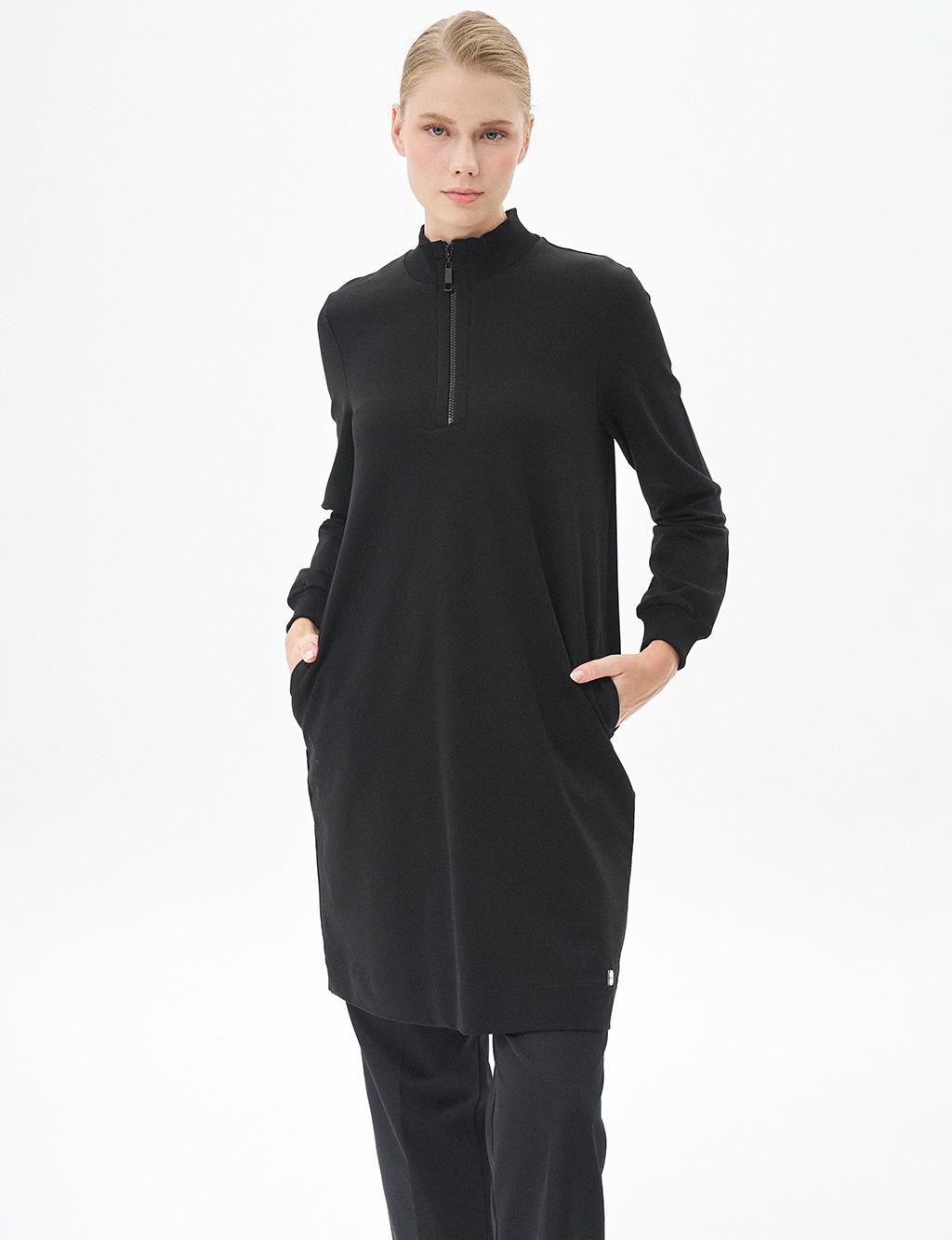 Half Zipper Closure Tunic Black