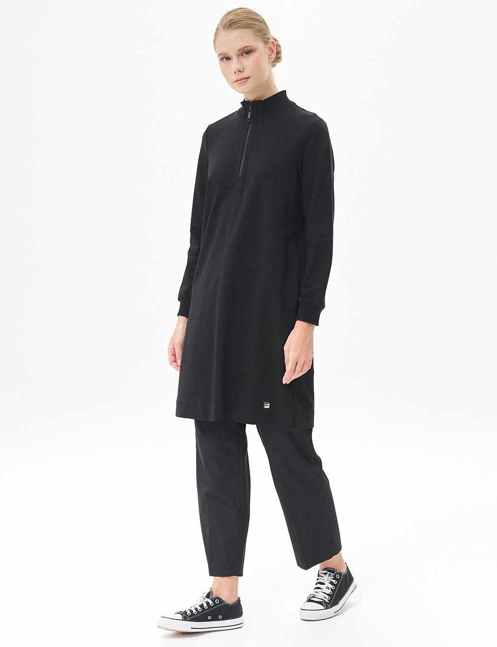 Half Zipper Closure Tunic Black