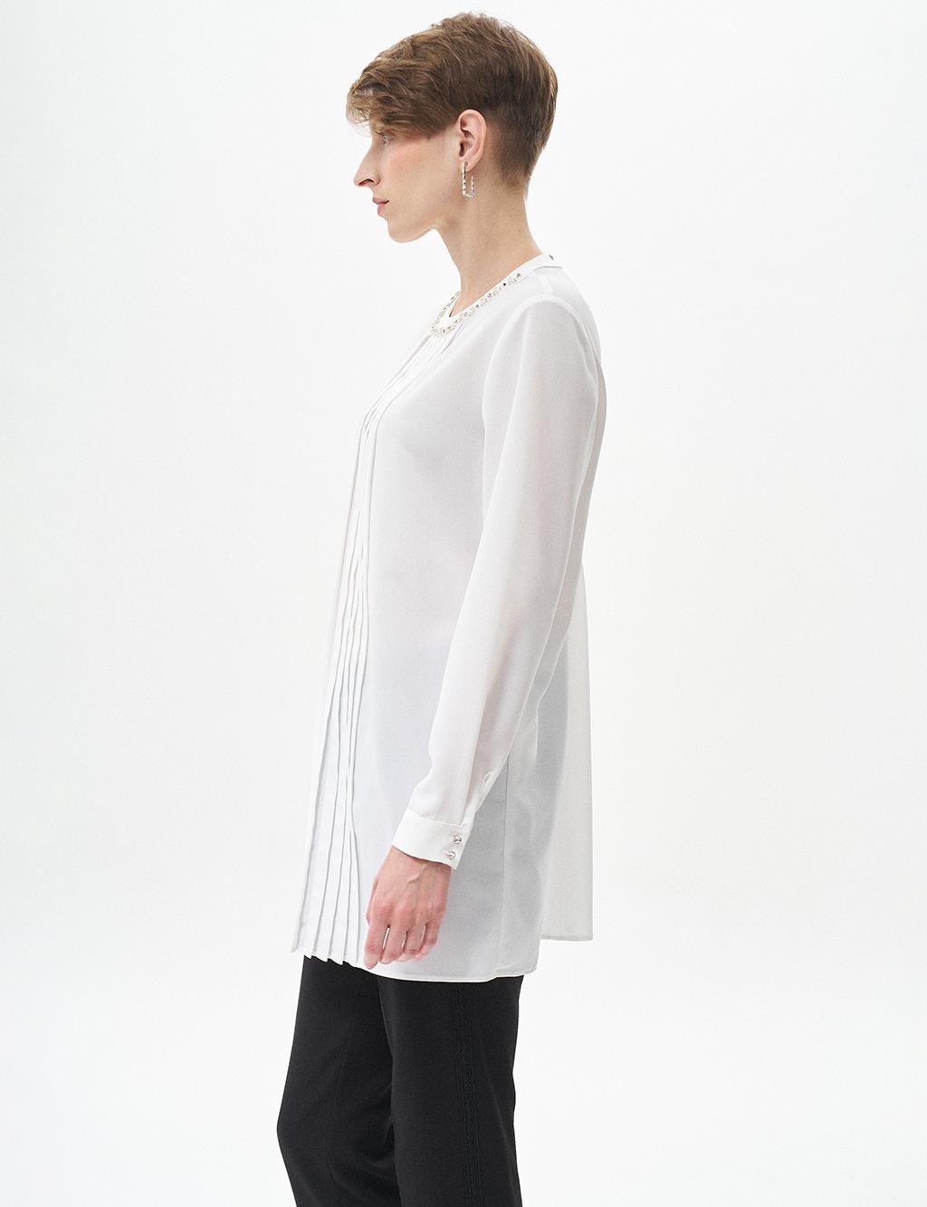 Nervure Detail Mandarin Collar Tunic Ecru