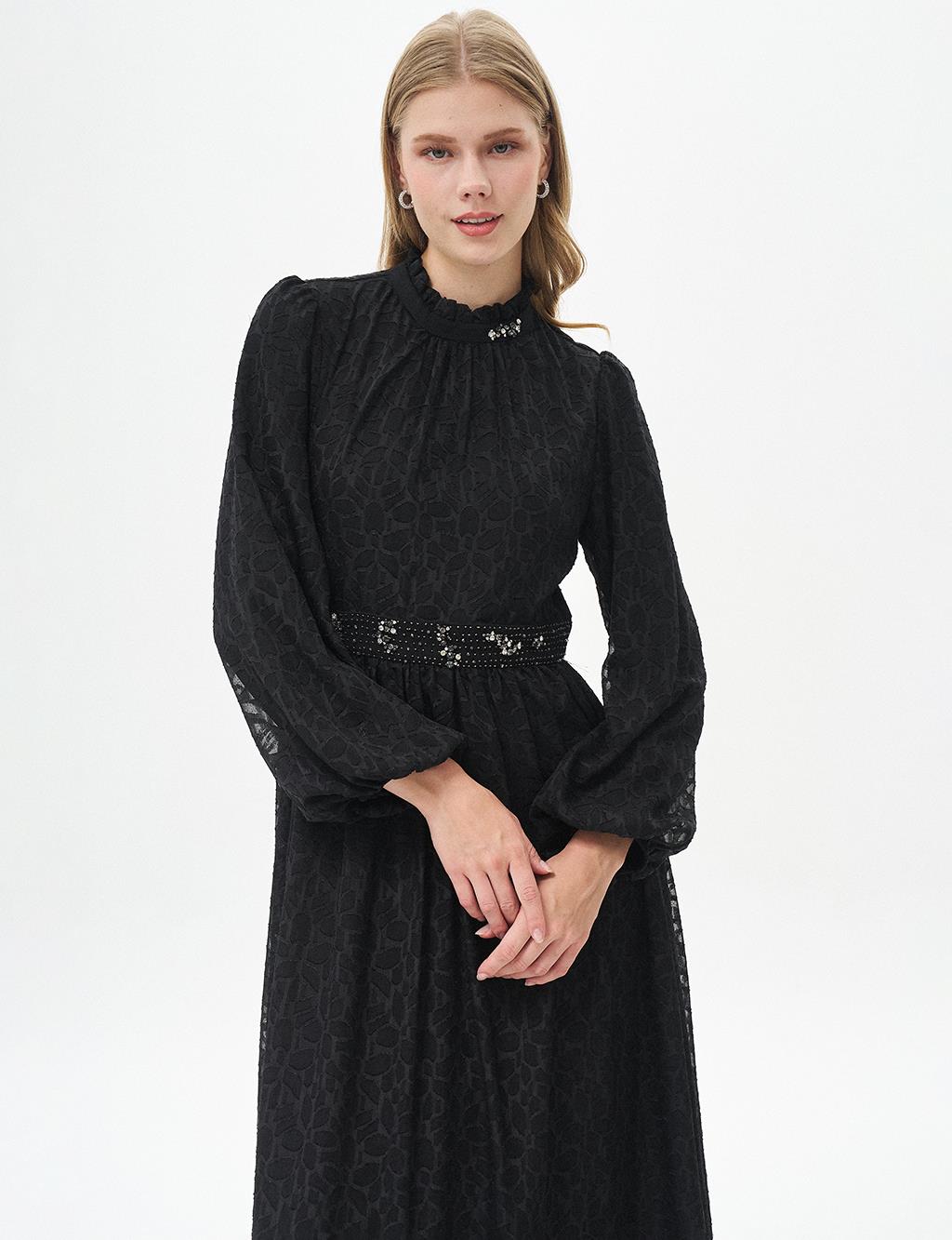 Stone Embroidered Abstract Pattern Dress Black