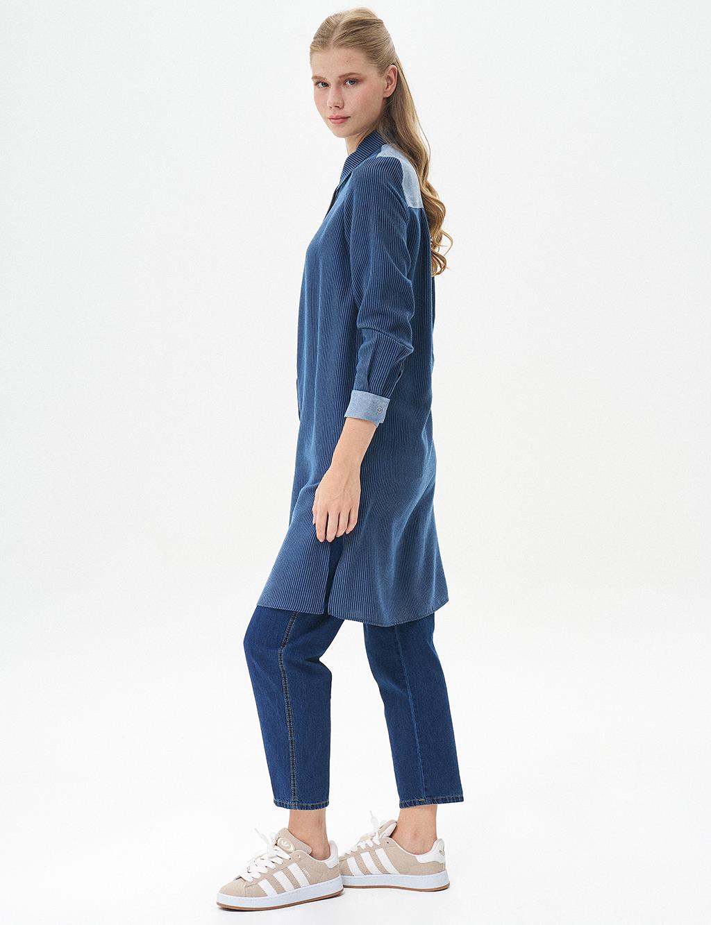 Lyocell Tunic with Stripe Pattern Navy Blue