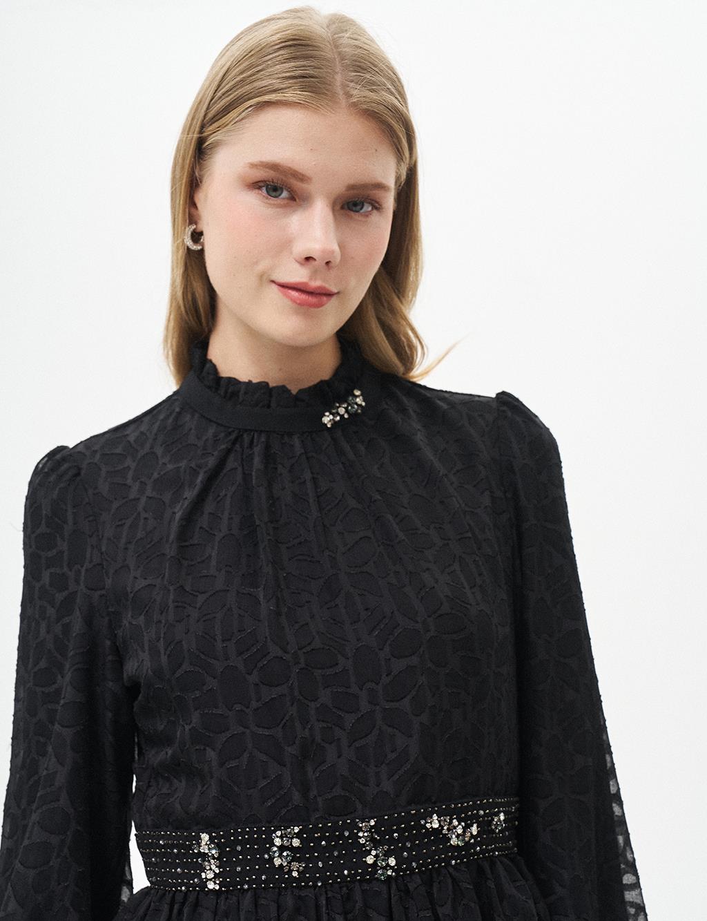 Stone Embroidered Abstract Pattern Dress Black