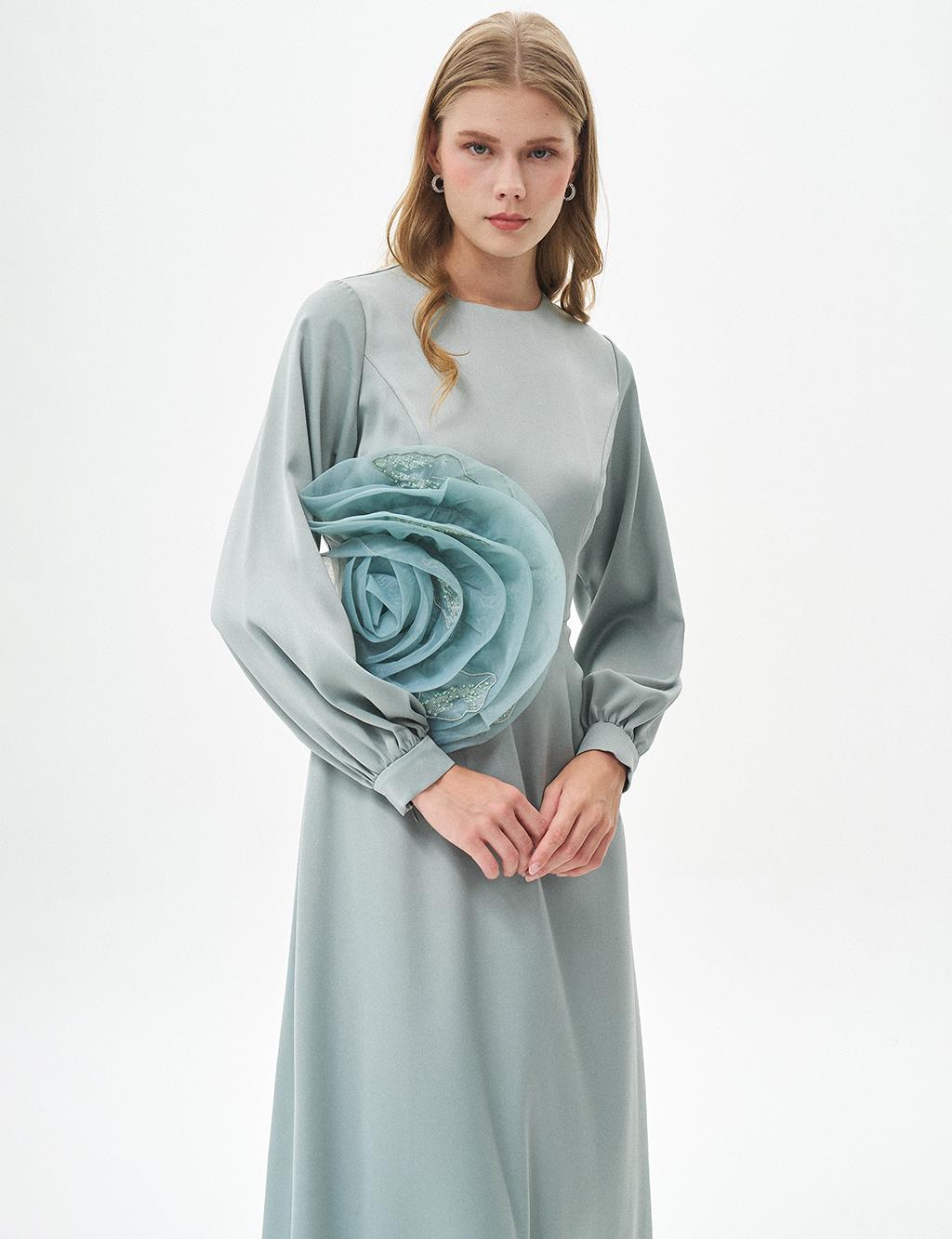 Rose Motif Satin Dress Sage