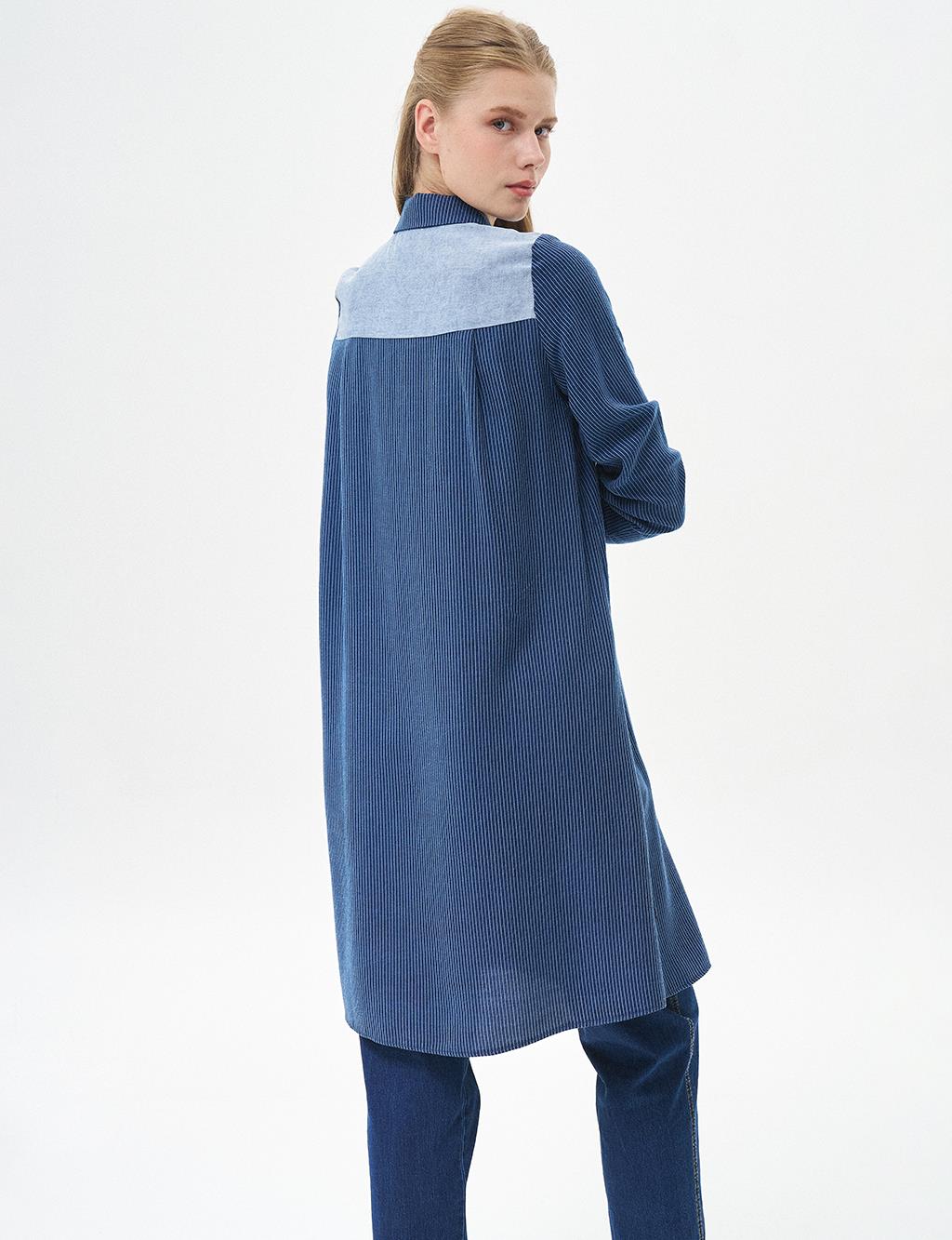 Lyocell Tunic with Stripe Pattern Navy Blue