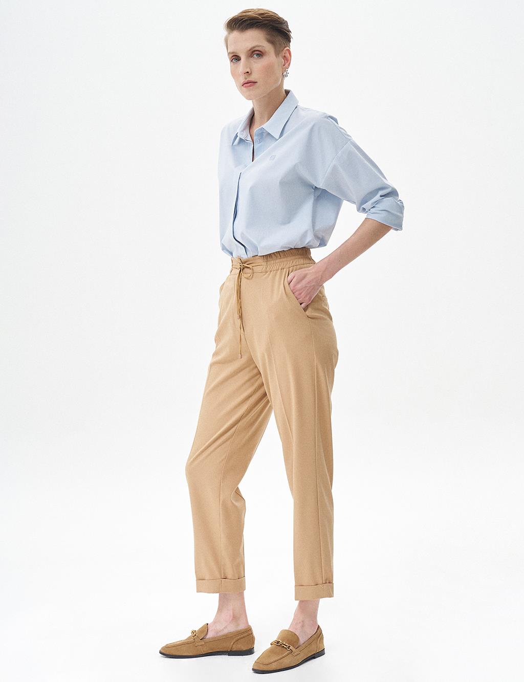 Elastic Waisted Grass Trousers Beige