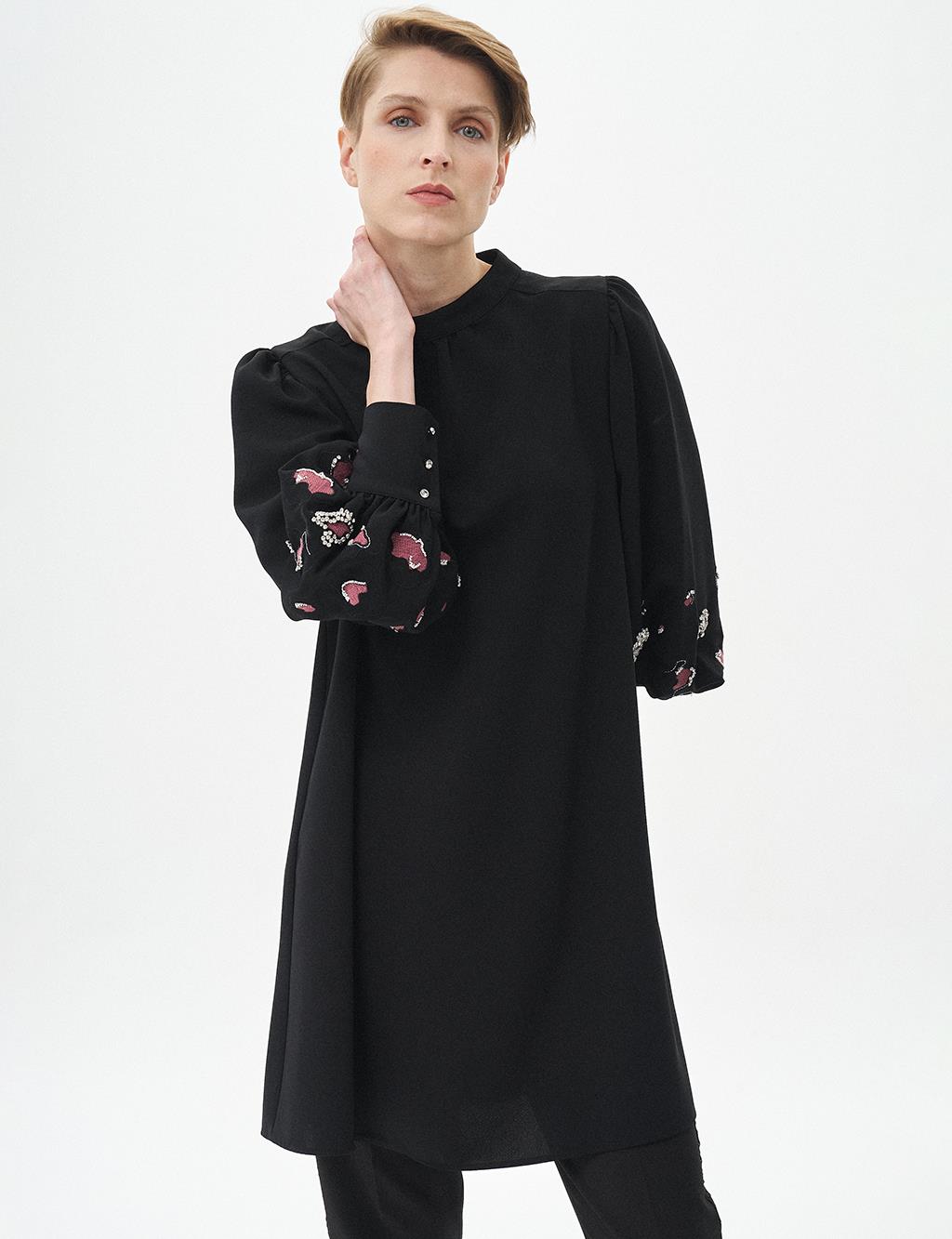 Embroidered Wide Cuff Tunic Black