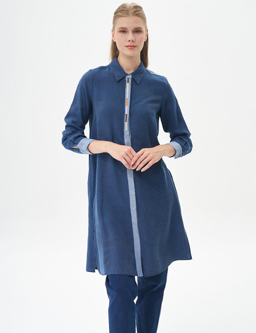 Lyocell Tunic with Stripe Pattern Navy Blue